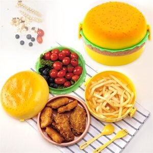 Burger Style Double-Layer Lunch Box – Portable Insulated Picnic Food Container, Includes Reusable Plastic Cutlery