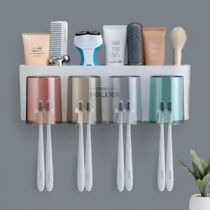 Wall Mounted Toothbrush Holder for Bathroom | 4-Cup Mouthwash & Toothbrush Organizer | Multi-Compartment Dustproof BPA-Free Bathroom Storage