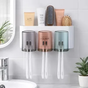 3-Cup Toothbrush Holder for Bathroom | Triple Tumbler Toothbrush & Toothpaste Organizer Stand | Family Bathroom Storage for Wash Basin Countertop