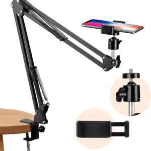 Adjustable Overhead Mobile & Tablet Holder Stand | 360° Rotating Metal Arm | Anti-Slip Clamp Desk Mount for Video Recording, Live Classes & Video Calls