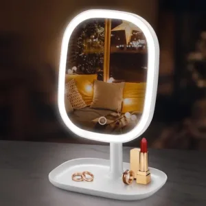 Portable Vanity Mirror with 3-Mode LED Light | Tabletop Makeup Mirror with Storage Tray & Lipstick Holder | Dressing Table Mirror for Bedroom & Beauty