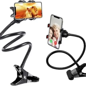 360° Flexible Foldable Metal Mobile Holder | Gooseneck Long Arm Phone Stand with Clip | Adjustable Desk & Bed Phone Mount – Black