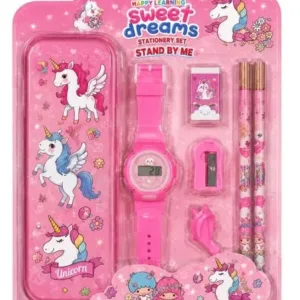 7-in-1 Stationery Gift Set for Kids | Unicorn Pencil & School Supplies Kit with Digital Watch, Sharpener, Eraser, 2 Pencils, Pencil Top & Compass Box | Pack of 1