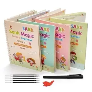 Sank Magic Practice Copybook for Kids | 4 Books + 10 Refills + Pen & Grip | Reusable Tracing Workbook for Numbers, Alphabets, Drawing & Maths | Preschool Learning & Handwriting Practice Set