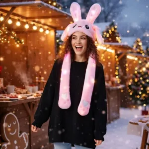 Kids LED Light-Up Bunny Earmuff Hat with Moving Ears | Soft Plush Rabbit Winter Ear Warmer & Scarf | Cute Cartoon Cold Weather Hat for Girls & Boys 3–10 Years